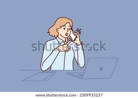Woman office worker shockedly points to phone and makes call to partner or company manager. Businesswoman sitting in office at table with laptop surprised by new deadlines from boss
