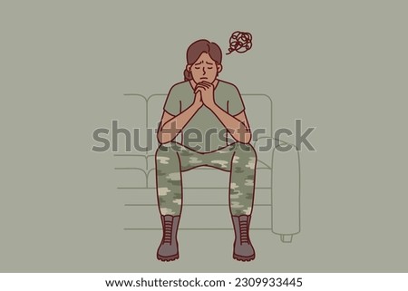 Woman soldier suffers from ptsd caused by bad memories after participating in combat operations. Girl in military uniform of soldier sits on sofa in need of help from army psychologist for veterans