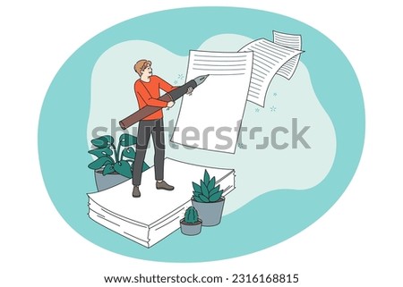 Male writer with huge pen writing on paper finishing fiction book. Man author creating novel, note handwrite on paperwork. Concept of literature creation. Vector illustration.