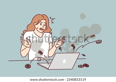 Stressed woman stands near exploding laptop and screams in fear in need of help of computer wizard. Frightened girl calls for help from system administrator after breakdown of portable computer