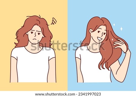 Woman before and after going to hairdresser to get rid of hair problems and create beautiful hairstyle. Comparison of shaggy girl with lady female with fashion hairdresser for shampoo advertisement