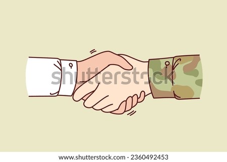 Handshake between soldier and civilian symbolizing support of military after returning from hostilities. Hands of officer and manager at moment of handshake, for concept collaboration with army