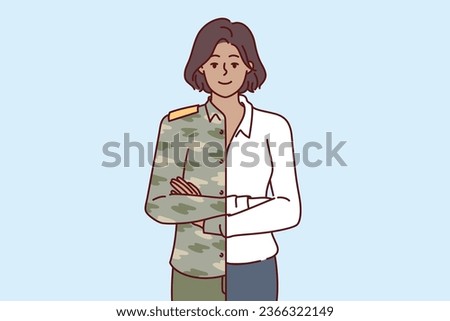 Woman is dressed in military uniform and business attire at same time, for concept of career change after serving in army. Girl manager of military company stands with arms crossed.