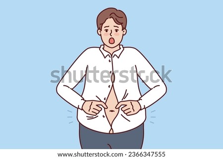 Fat man with big belly is trying to button up small shirt and is screaming in excitement at being overweight. Overweight guy needs help of nutritionist or fitness trainer to get rid of excess weight.