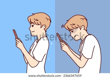Boy with poor posture plays on phone and needs to straighten spine, before and after going to osteopath. Child with cellphone hunched over and spoiled posture due to excessive fascination with gadgets