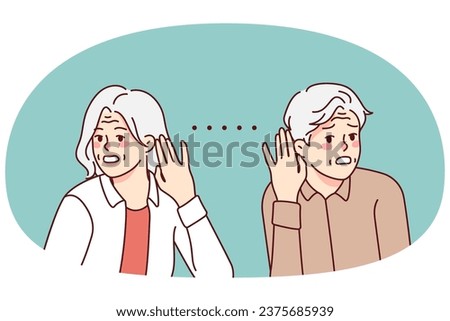 Unhealthy elderly people suffer from hearing problems. Unwell sick mature man and woman struggle with listening disabilities. Geriatric healthcare. Vector illustration.