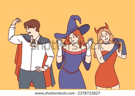 People in halloween party costumes invite you to visit festive october festival or nightclub. Man in dracula clothes and woman in image of devil or witch for halloween celebration.