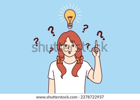 Little girl with light bulb above head says eureka and points up indicating presence of idea to solve problem. Child prodigy comes up with brilliant idea and opens mouth in surprise