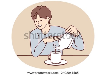 Young man sit at desk pouring tea in cup from kettle. Smiling guy enjoy warm coffee in mug at home. Vector illustration.
