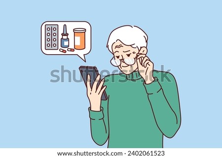 Elderly man orders medicines for home delivery using mobile phone from pharmacy application. Pensioner reads recommendations of ministry of health on use of medicines to treat diseases.