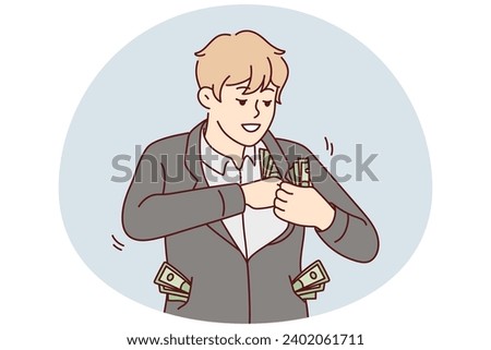 Wealthy businessman with dollars in all pockets get revenue or income. Smiling rich man with money win lottery or get investment rate. Vector illustration.