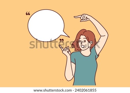 Woman promoter with smile points to speech bubble to place quote or marketing proposal. Teenage girl promoter in casual clothes stands near dialogue cloud with copy space for text.