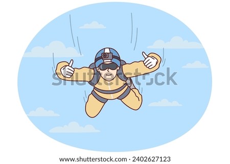 Man skydiver hangs in sky and shows two hands thumbs up after jumping from airplane. Sportsman keen on extreme hobby with camera fixed on forehead flies among clouds. Flat vector illustration
