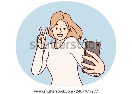 Happy woman blogger taking selfie on mobile phone to post photos on own page in social network. Cheerful girl with smartphone takes picture of herself showing letter V with fingers. Flat vector image