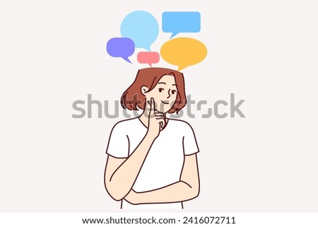 Thoughtful smiling woman coming up with graduation speech, standing with dialogue bubbles above head. Thoughtful girl with positive emotions recalls messages from friends on social networks