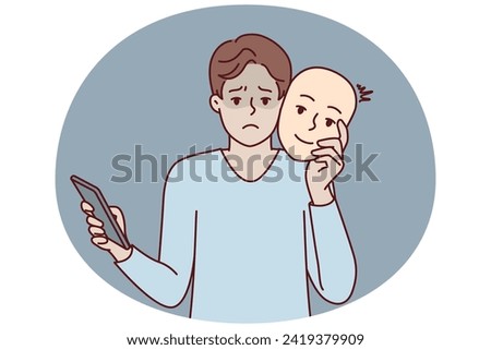 Unhappy man uses mask to pretend to be positive kind human during online dating and social media chat. Guy with phone remove face with smile after impersonating successful person. Flat vector design