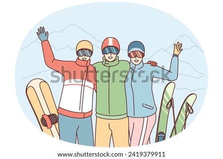Company of friends at ski resort waving their hands posing on winter vacation. Three tourist people in ski goggles stand with snowy peaks after skiing or snowboarding. Flat vector illustration