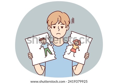 Sad boy with blond hair holds in hands torn pictured with painted kids. Cheerless child of pree teen age after school quarrel or conflict tears up self-drawn portrait. Flat vector design