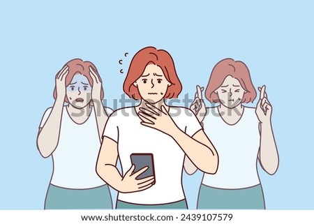 Worried woman reads message on mobile phone about foreclosure on house and feels panic. Different stages of panic of girl, learned about approaching financial crisis from internet news