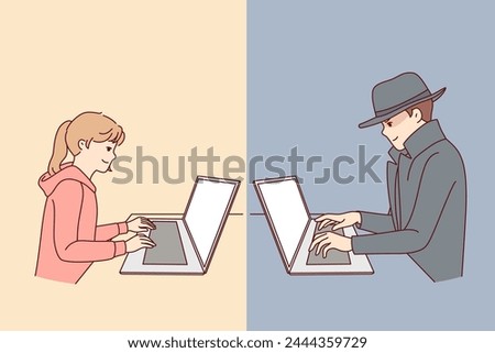 Suspicious man is chatting with little girl via laptop, trying to deceive child who is using internet. Concept of problem of pedophilia and committing crimes against children via internet