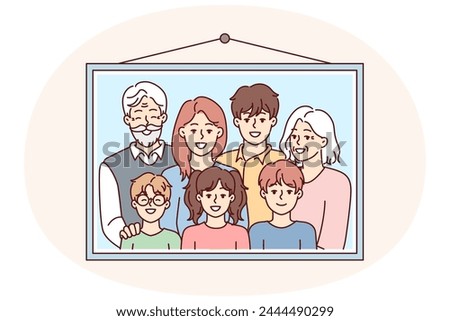 Family photo portrait in frame with teenage children and gray-haired grandparents hangs on wall. Parents and three kids smile to capture happy moments during Sunday get together. Flat vector design