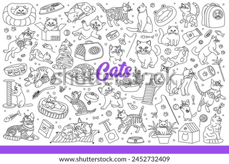 Domestic cats have fun with favorite toys or sleep on beds and sharpen claws. Background with pets pleasing owners, for advertising accessories store or cat food. Hand drawn doodle