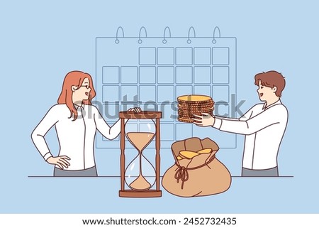 Payroll schedule near business people with money standing near calendar and hourglass. Office employees use salary schedule to ensure timely payments and increase financial stability of corporation