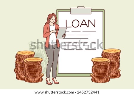 Loan contract in clipboard near woman taking credit for expenses or mortgage to buy real estate. Business girl lawyer checks loan documentation so as not to forget to make monthly payment.