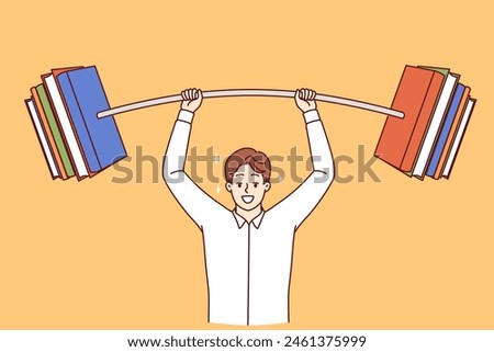 Smart man lifts barbell made of books over head, showing off knowledge gained from educational literature. Guy shows strength by urging to read more books and visit libraries to improve skills.