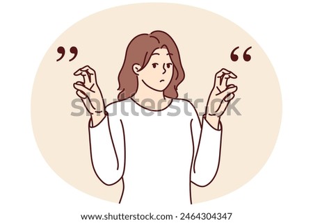 Young woman gesticulates with quotation marks with fingers while saying sarcastic words or hints. Teenager girl raises hands demonstrating quotes before telling sarcastic story or difficult joke