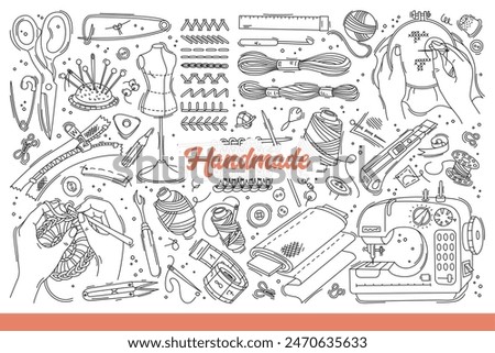 Handmade items and equipment for embroidery or knitting and making craft clothes. Threads with needles or scissors and sewing machine for people who have handmade hobby. Hand drawn doodle