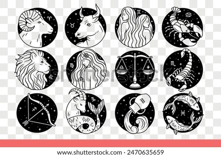 Zodiac signs for drawing up horoscope and predicting person future character. Round zodiac symbols with mythological creatures and animals near starry sky and universe. Hand drawn doodle