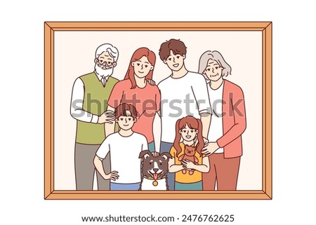 Family portrait of retirees with children and grandchildren with dog posing for memorable photo in wooden frame. Happy family of three generations taking pictures together after festive dinner