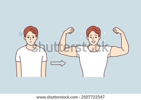 Muscular man shows off biceps, standing next to previous version of himself, rejoicing at successful transformation. Muscular guy achieves success in bodybuilding thanks to motivation and ambition