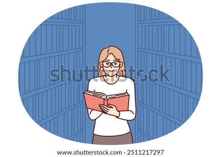 Woman is reading book in library, standing among shelves with textbooks and looking for right encyclopedia. Girl with book works as librarian or is visitor to bookstore and is fond of secondhand books