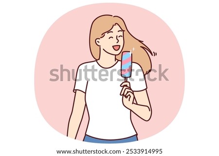 Woman eats ice cream to cool off in hot summer weather and enjoy cold sweet dessert. Young girl in casual clothes holds ice cream and smiles enjoying treat that relieves thirst and hunger.