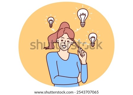 Teenager girl with light bulbs over head comes up with idea and holds pencil near temple. Smart schoolgirl comes up with idea for essay wishing to apply for educational grant at university