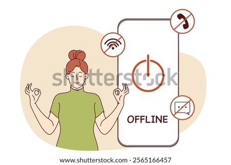 Digital detox for woman meditating near switched off mobile phone to restore psychological health. Importance of digital detox to avoid unnecessary stress caused by bad news and online bullying