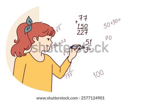 Teenager girl writes complex mathematical formulas on blackboard solving problems from higher mathematics or algebra. Little child prodigy schoolgirl participates in math olympiad.