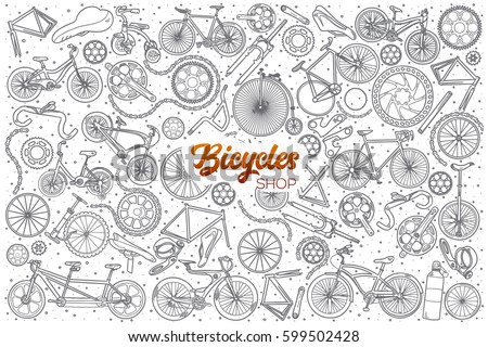Hand drawn bicycles shop doodle set background with orange lettering in vector