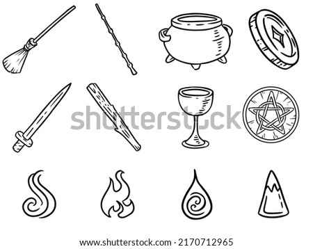 Tarot cards four symbols: cups, swords, wands, pentacles. Four elements: Fire, water, earth, air. Cute cartoon tarot deck doodles. Media highlights vector symbols isolated on white background.
