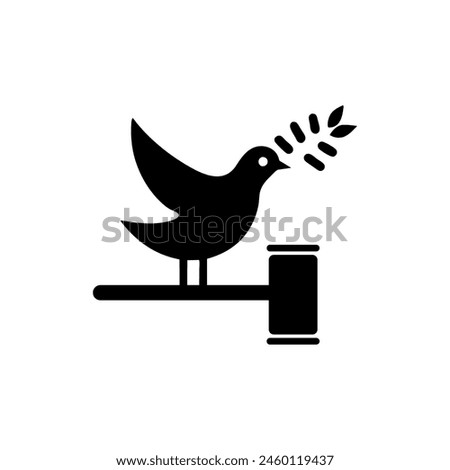 Black vector icon of a dove holding an olive branch perched on a pedestal symbolizing peace and harmony