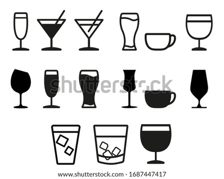 set of drinks icons, water, soft drink, alcohol, juice, glass, milk shake
vector