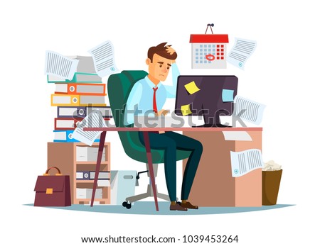 Man overwork in office, deadline vector illustration. Manager sitting at computer desk with stack of documents in mess and deadline tasks sticky notes holding hand on head flat cartoon office design