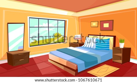 Vector cartoon bedroom interior background template. Cozy modern house room in morning light. Illustration with sofa, mirror, big window, nightstand with lamp, carpet, plant in pot, wall pictures
