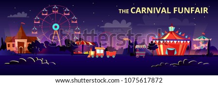 Amusement park vector illustration of funfair carnival at night or evening with cartoon rides. Flat merry-go-round carousels, circus tent or observation wheel and roller coaster rides with