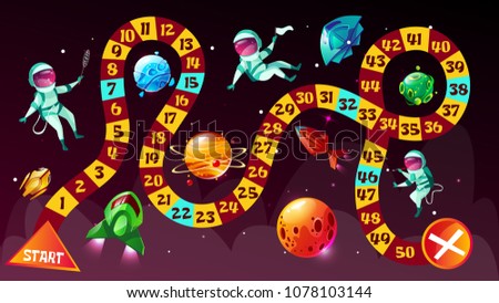 Board game vector illustration. Astronauts in space boardgame strategy kid cartoon design template or racing tabletop game with dice to start and finish cosmonauts route in space planets 商業照片 © 