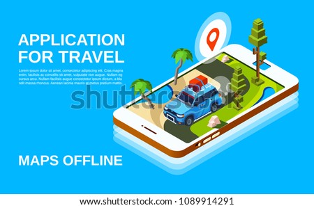 Travel application vector illustration of car and road map in smartphone screen display. Holiday trip navigation poster for offline maps mobile app design with location pin and route plan