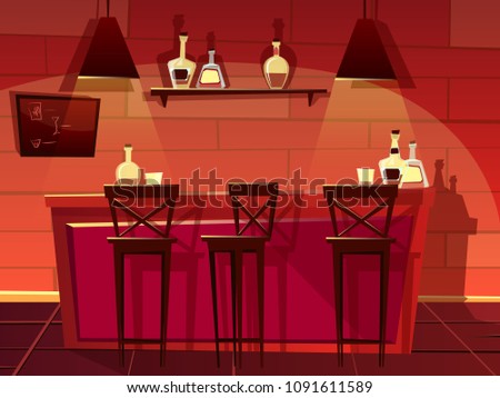 Bar or pub counter vector illustration. Cartoon flat front interior design of beer bar with chair seats and barista shelf with bottles of whiskey, vodka or tap beer and alcoholic drinks menu board