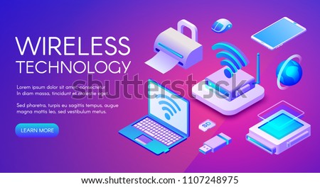 Wireless technology isometric vector illustration of Wi-Fi, Bluetooth or NFC connection and digital data storage devices. Internet cloud, USB flash, laptop and smartphone on ultra violet background